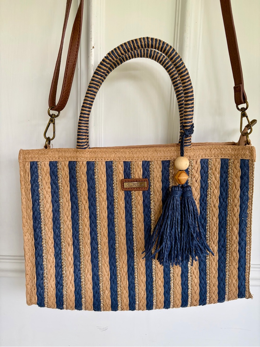 Striped Tan and Navy Straw Tote with Tassel - Picture 2 of 7